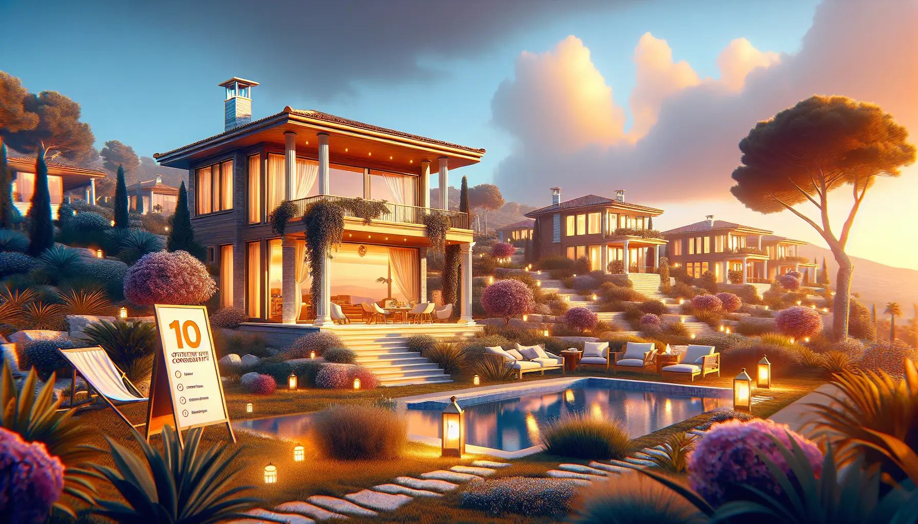 Gün batımında havuzlu lüks villa, geniş bahçe ve teras.