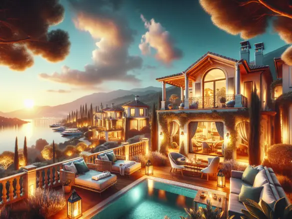 Deniz manzaral谋 l眉ks villa, havuzlu teras ve g眉n bat谋m谋.