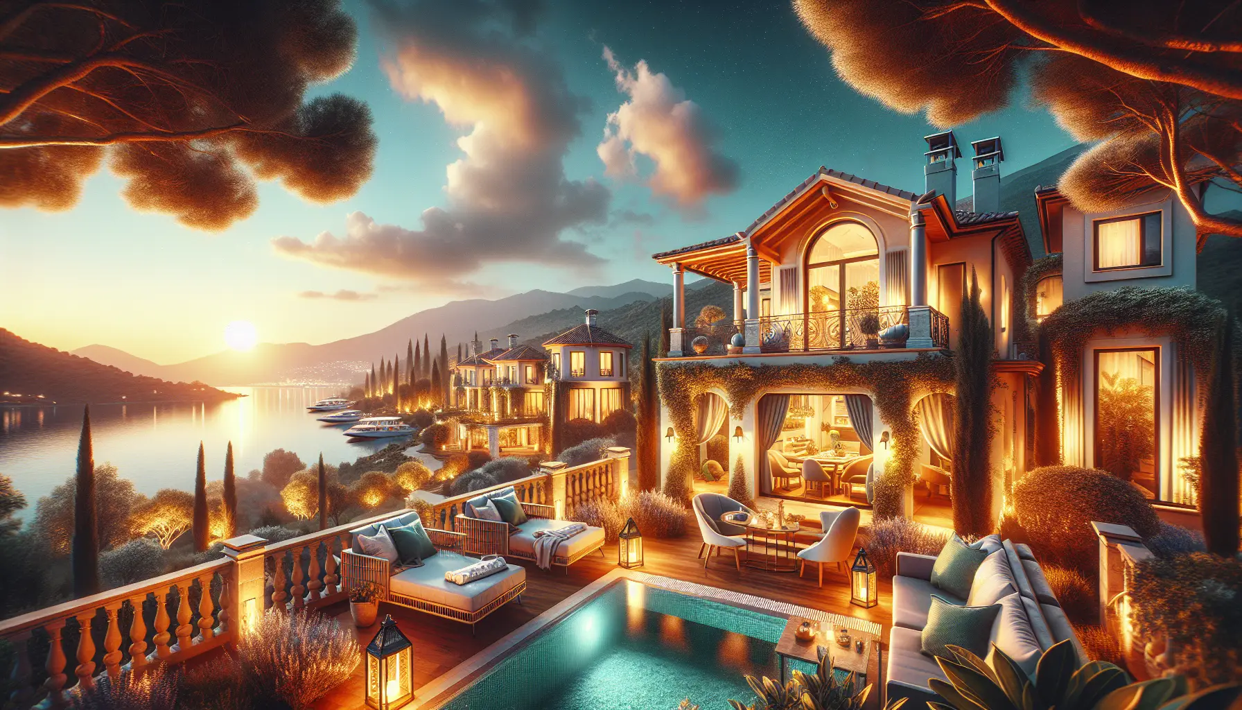 Deniz manzaral谋 l眉ks villa, havuzlu teras ve g眉n bat谋m谋.