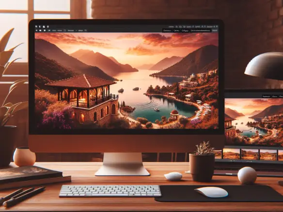 Bilgisayar ekran谋nda g眉n bat谋m谋 manzaras谋, ah艧ap masa ve bitkiler.