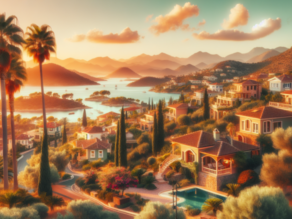 Gün batımında deniz manzaralı lüks villalar.