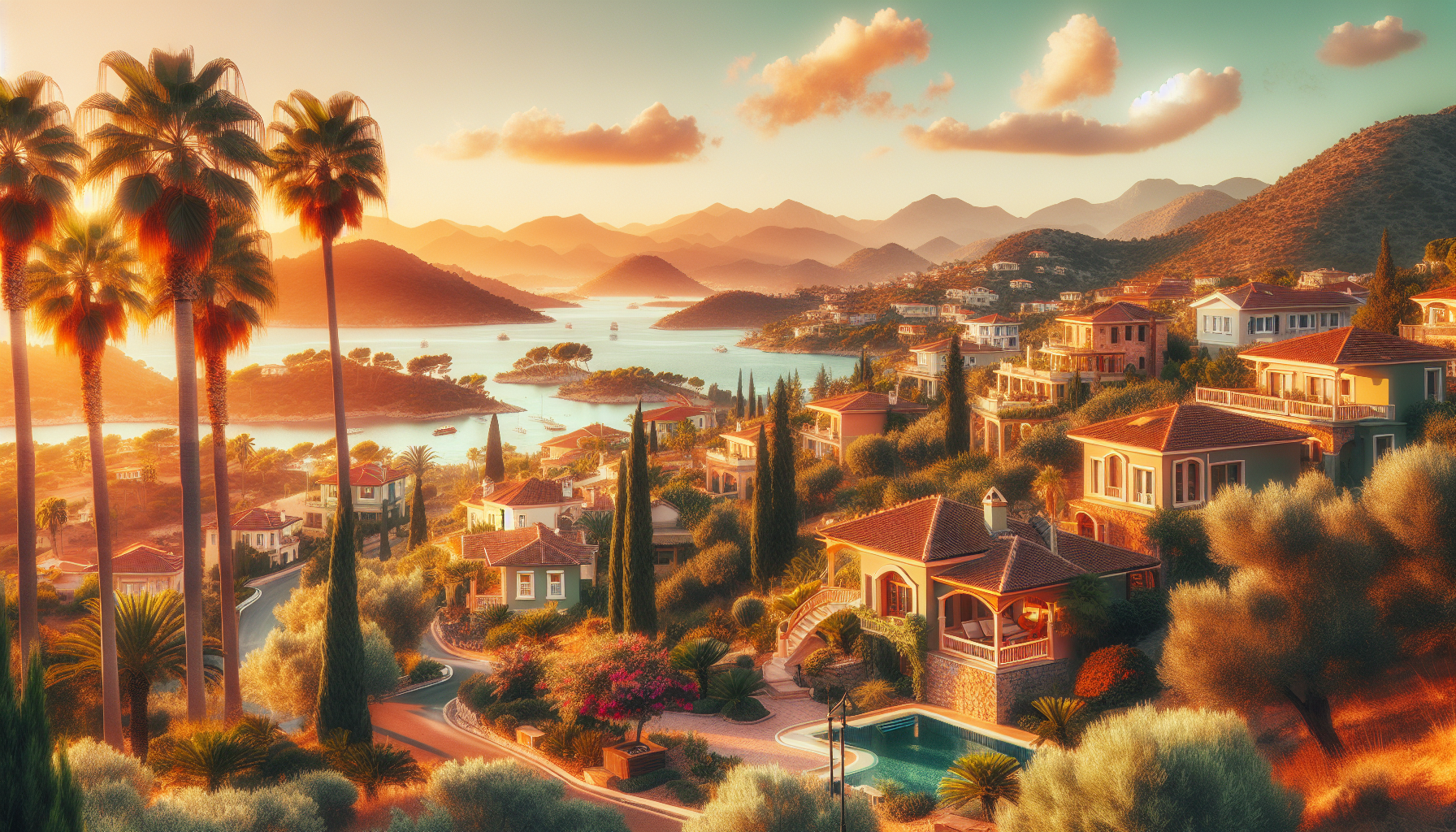 Gün batımında deniz manzaralı lüks villalar.