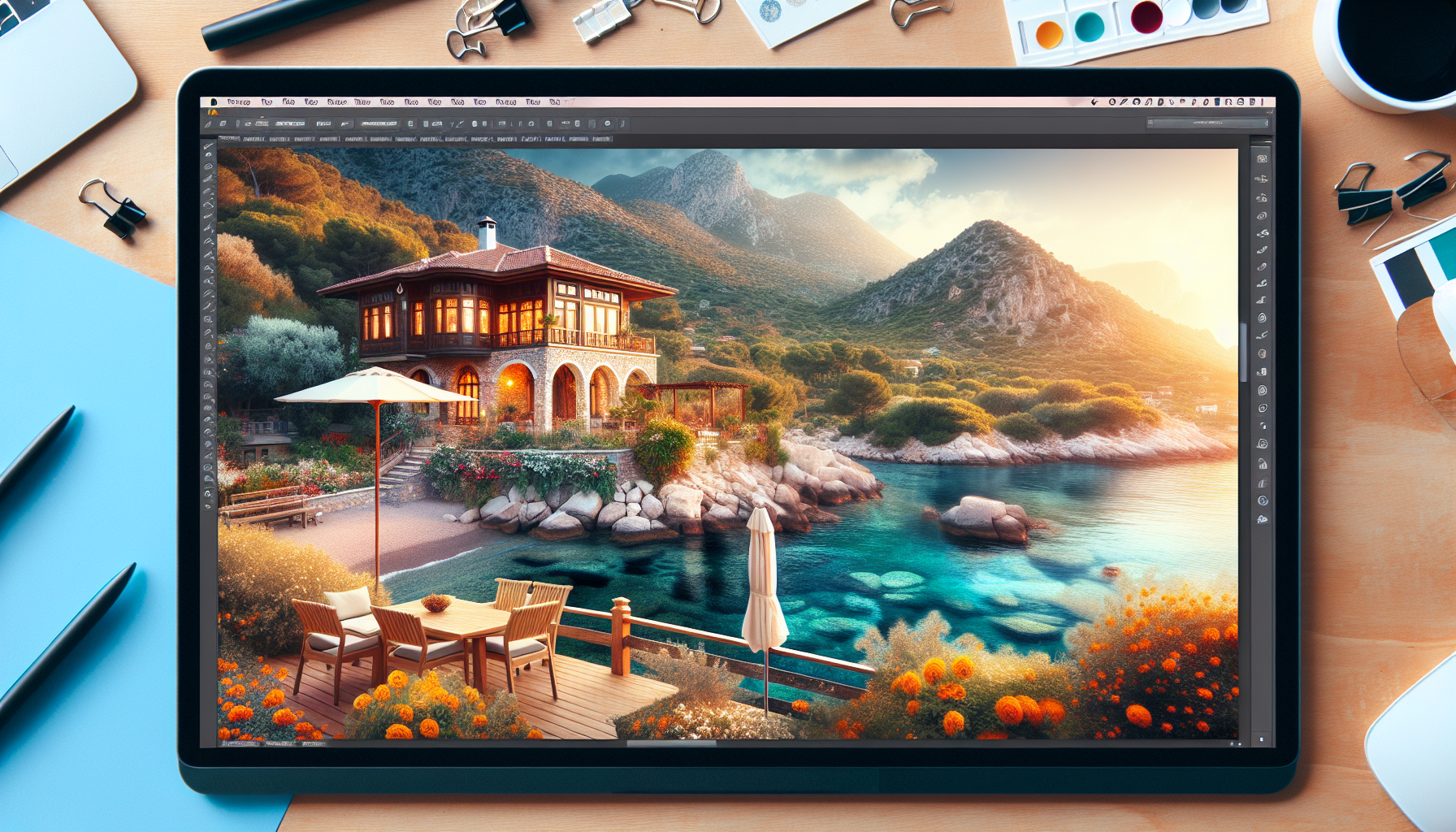 Deniz kenarında lüks villa ve teras.