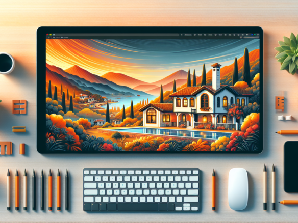 B眉y眉k ekran 眉zerinde Akdeniz tarz谋 villa resmi, etraf谋nda ofis malzemeleri.