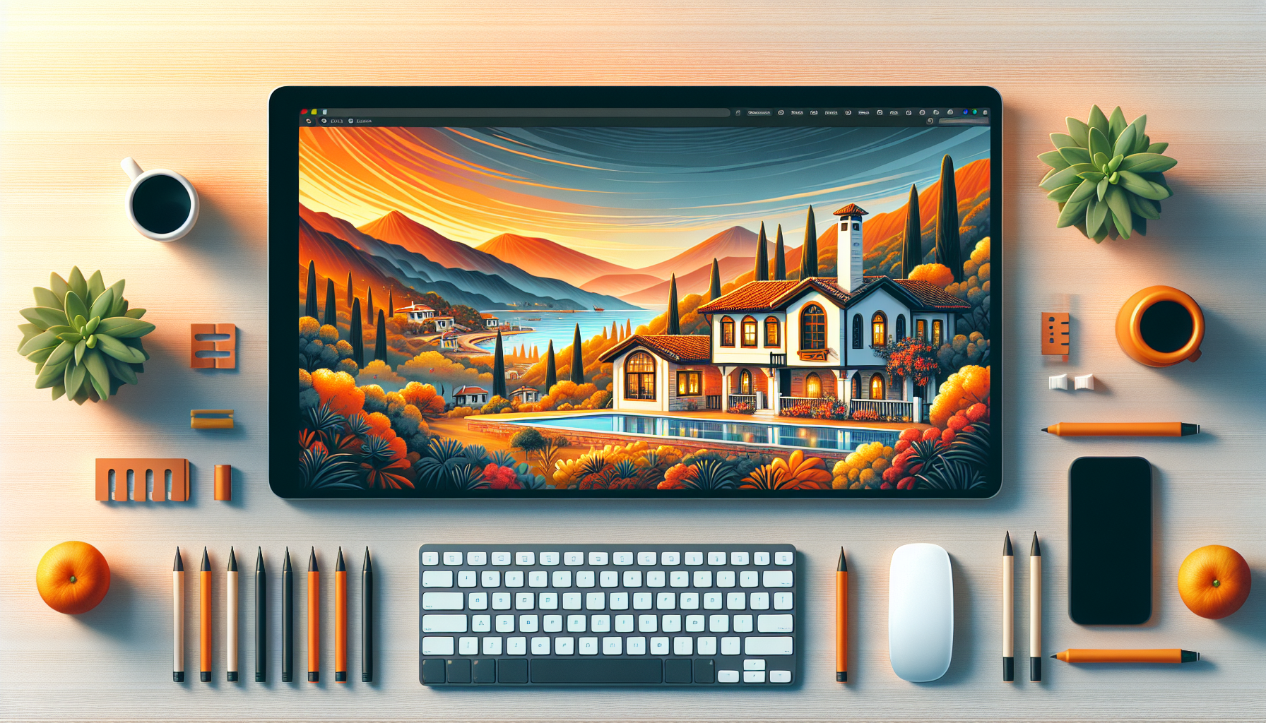B眉y眉k ekran 眉zerinde Akdeniz tarz谋 villa resmi, etraf谋nda ofis malzemeleri.