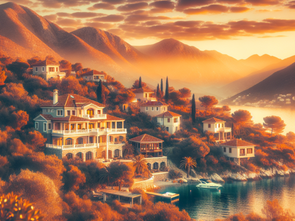 Deniz kenar谋nda da臒 manzaral谋 l眉ks villalar.