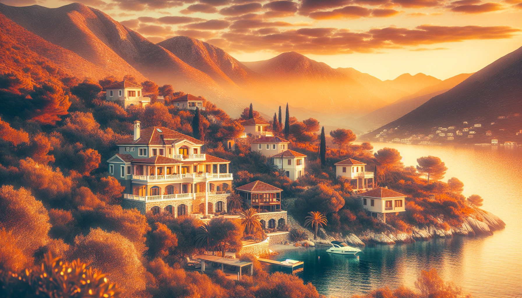 Deniz kenar谋nda da臒 manzaral谋 l眉ks villalar.