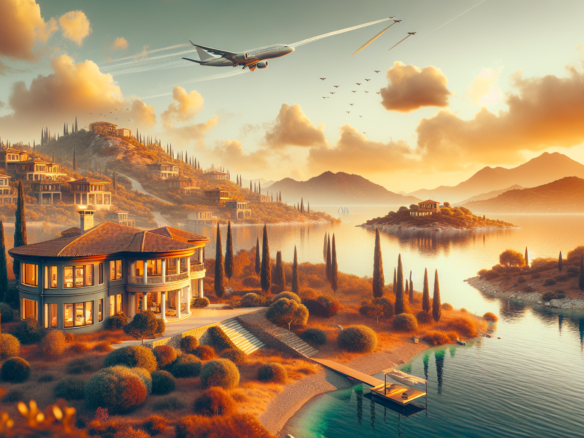 Göl kenarında lüks villa, dağ manzarası ve uçak.