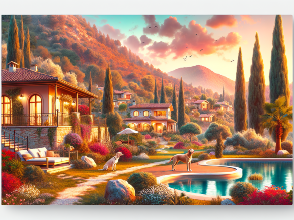 Havuz kenarında lüks villa manzarası, dağ ve ağaçlarla çevrili.