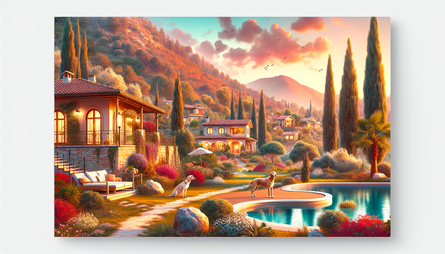 Havuz kenarında lüks villa manzarası, dağ ve ağaçlarla çevrili.