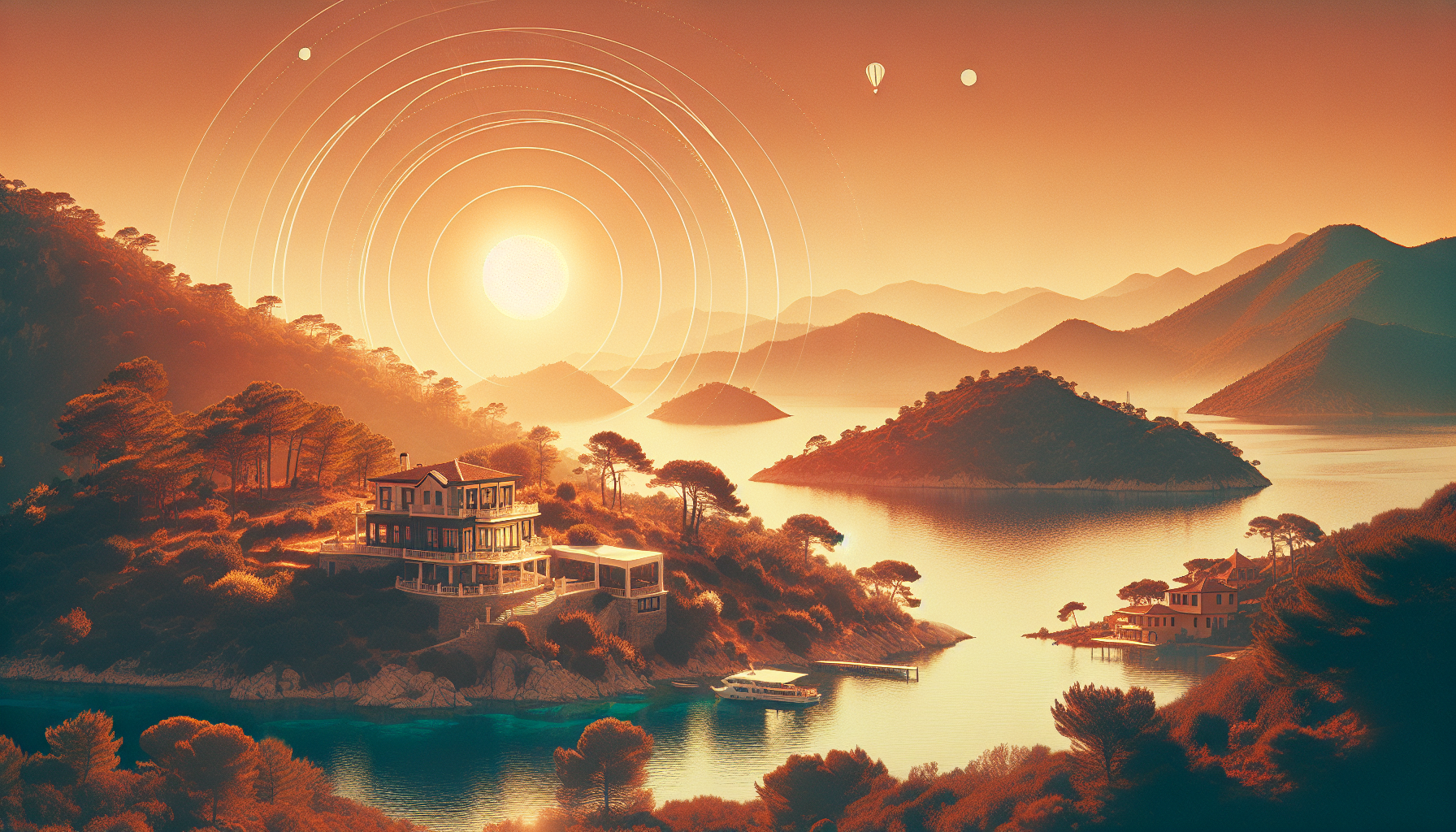 Gün batımında deniz manzaralı lüks villa.