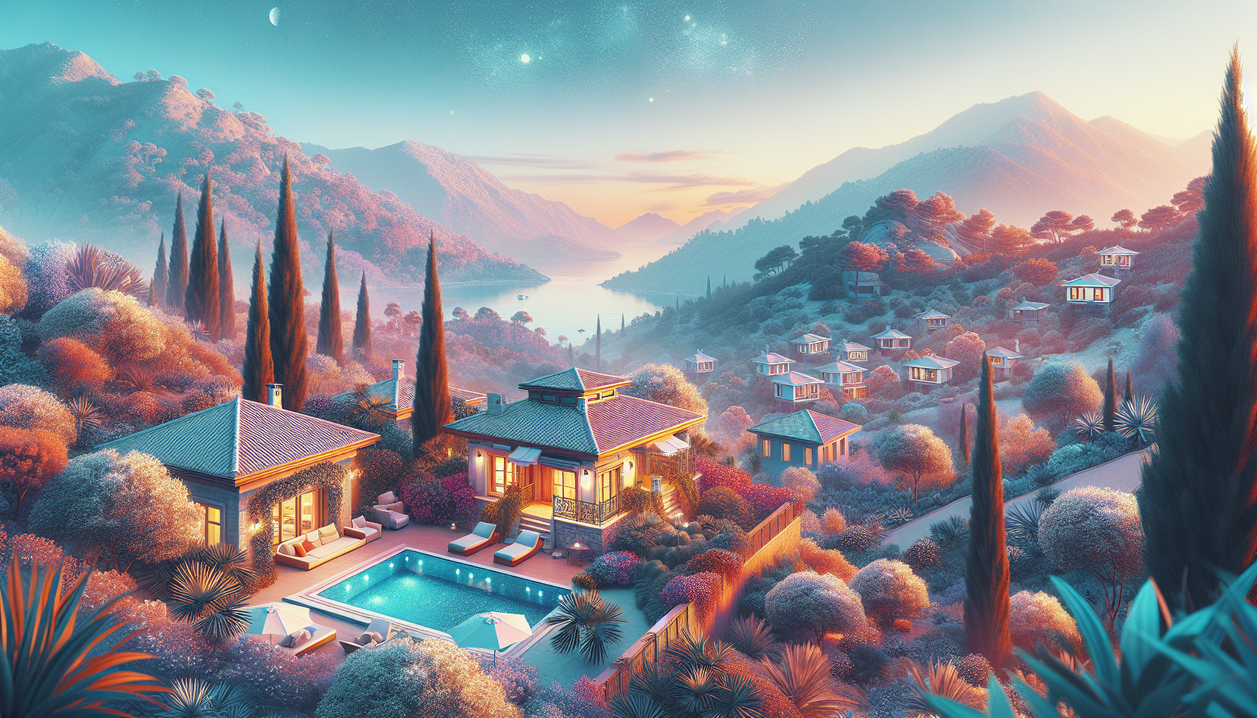 Dağ manzaralı lüks villa, havuz ve bahçe.