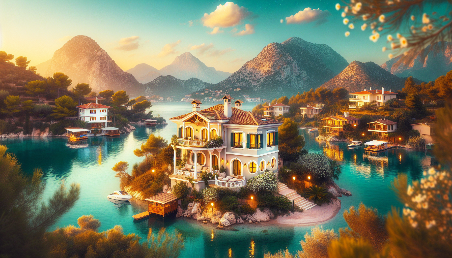 Göl kenarında lüks villa, dağ manzarası ve tekneler.