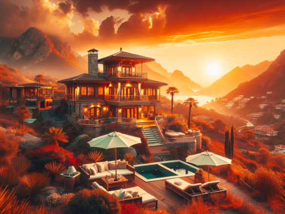 Gün batımında dağ manzaralı lüks villa ve havuz.