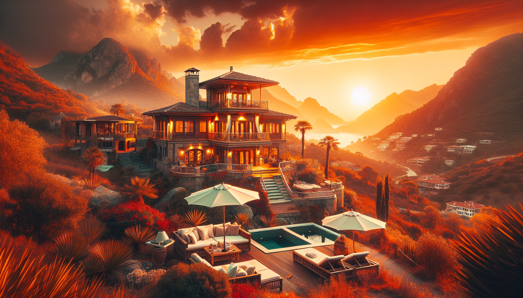 Gün batımında dağ manzaralı lüks villa ve havuz.