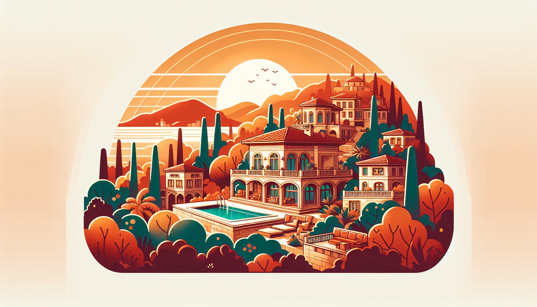 Gün batımında havuzlu lüks villa kompleksi.