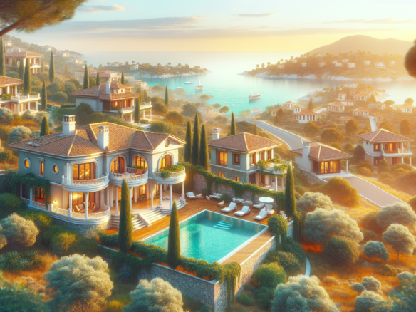 Deniz manzaralı lüks villalar, havuz ve bahçeler.