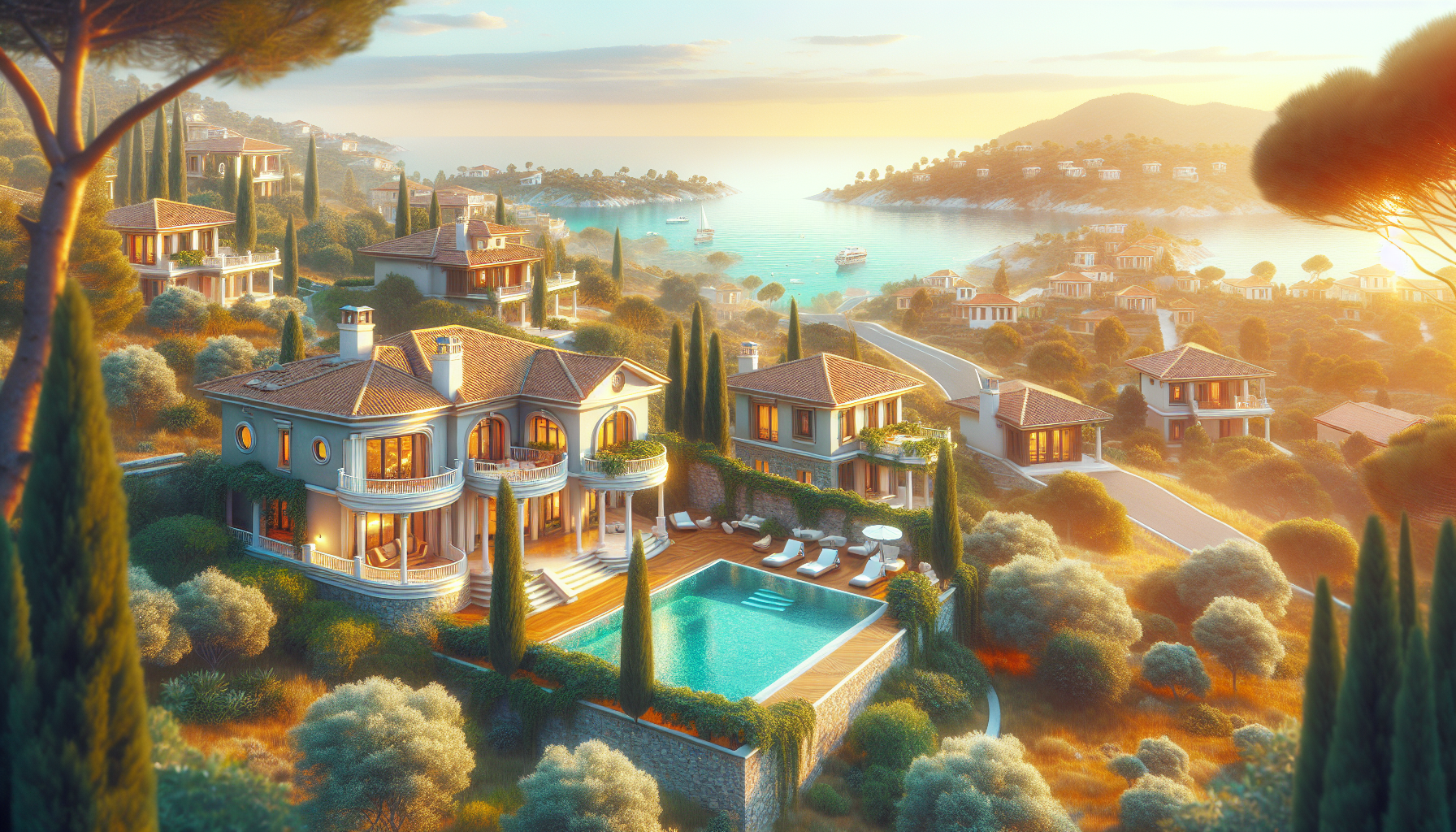 Deniz manzaralı lüks villalar, havuz ve bahçeler.