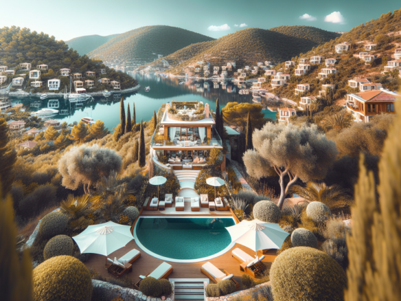 Tepede lüks villa, havuz ve deniz manzarası