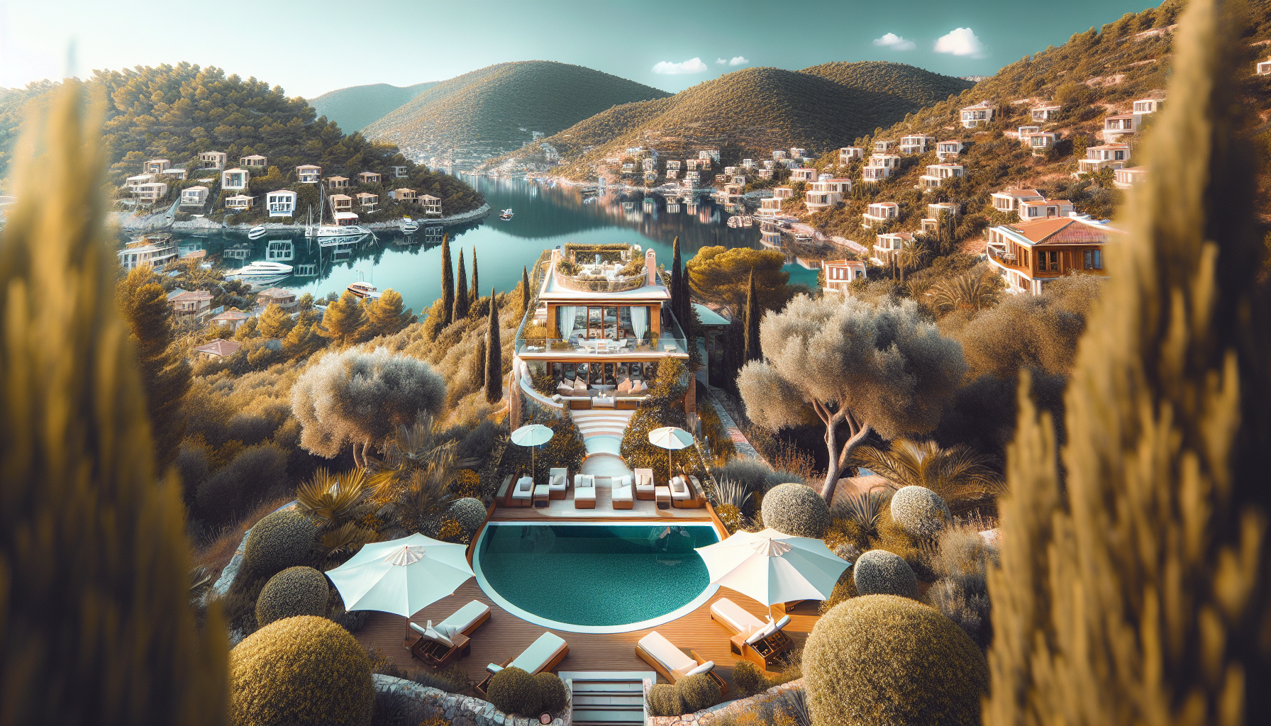 Tepede lüks villa, havuz ve deniz manzarası