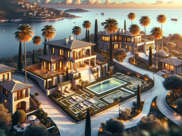 Deniz kenarında lüks villa kompleksi, havuz ve bahçe manzaralı.