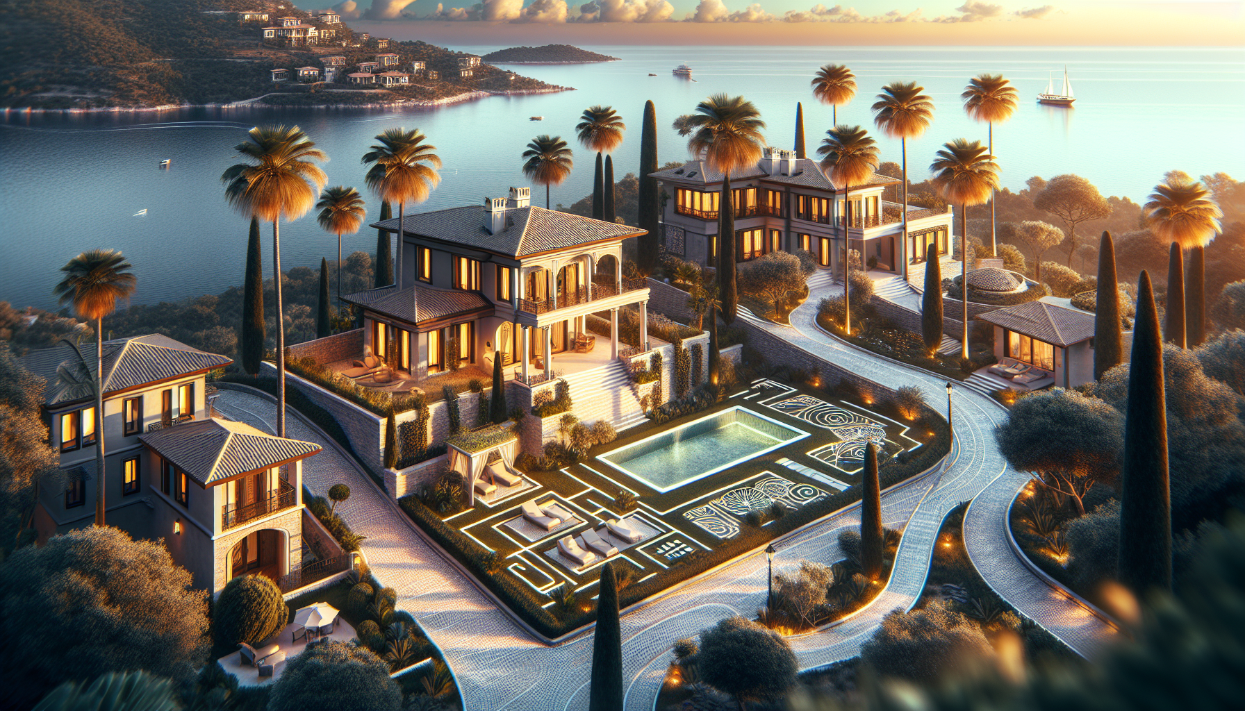 Deniz kenarında lüks villa kompleksi, havuz ve bahçe manzaralı.