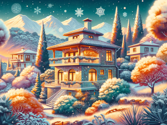 Karlı dağ manzaralı taş villa, geniş balkonlu.