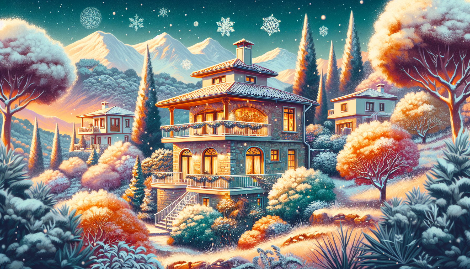 Karlı dağ manzaralı taş villa, geniş balkonlu.