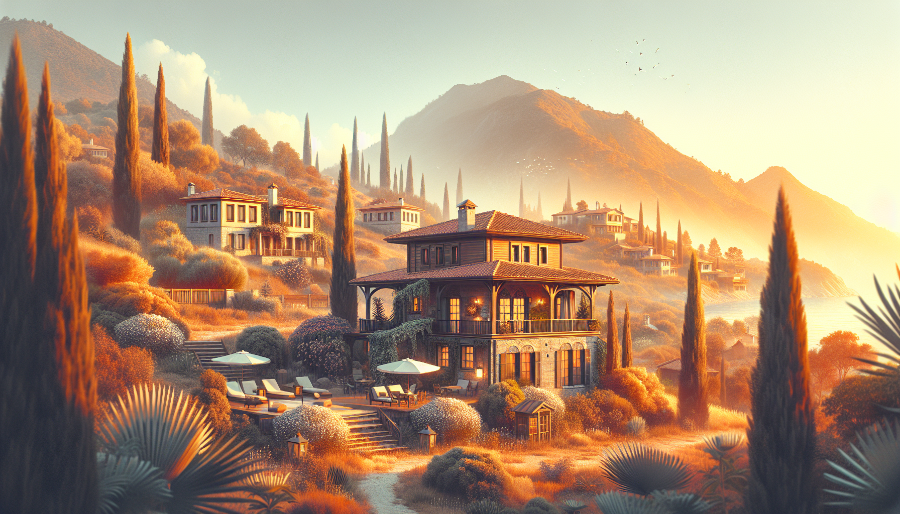 Dağ manzaralı lüks villa, geniş teras ve bahçe