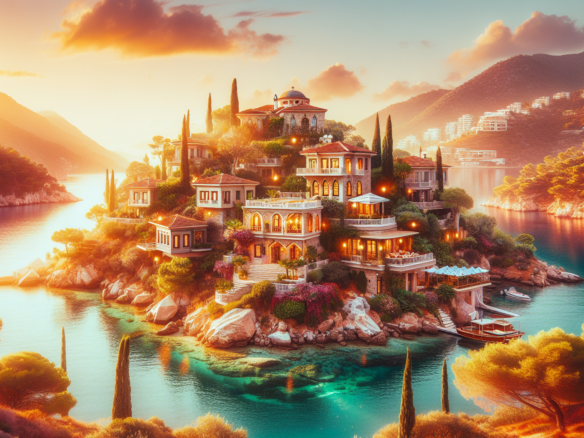 Gün batımında deniz kenarında lüks villa kompleksi.