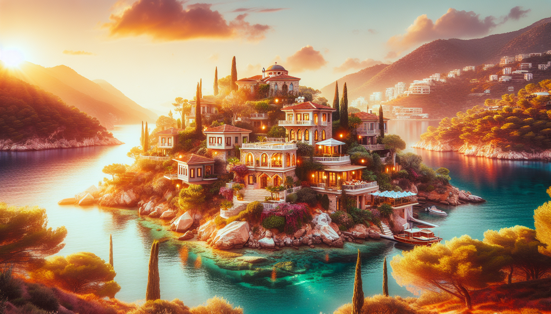 Gün batımında deniz kenarında lüks villa kompleksi.