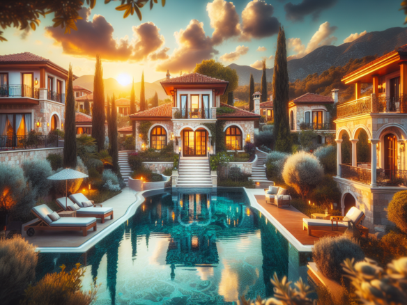 Lüks villa, büyük havuz ve dağ manzarası.