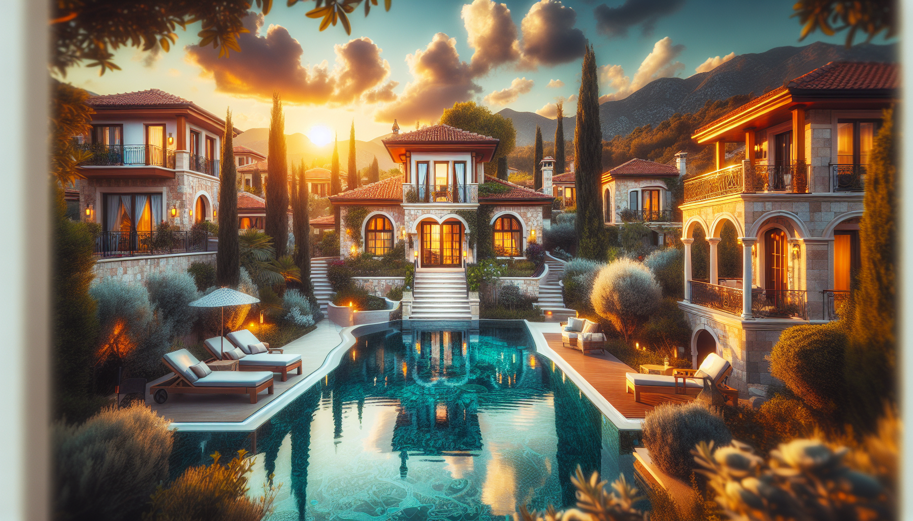 Lüks villa, büyük havuz ve dağ manzarası.