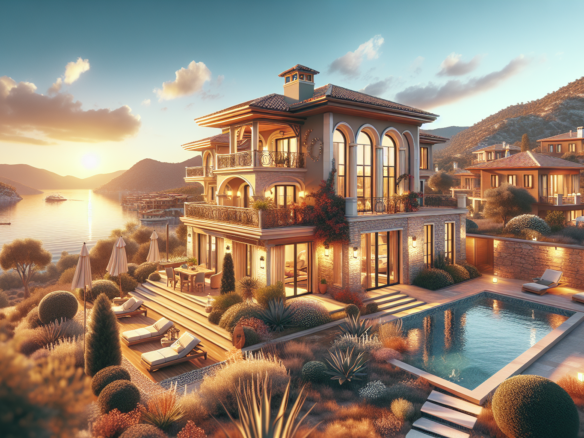 Deniz kenarında lüks villa, havuzlu ve teraslı.