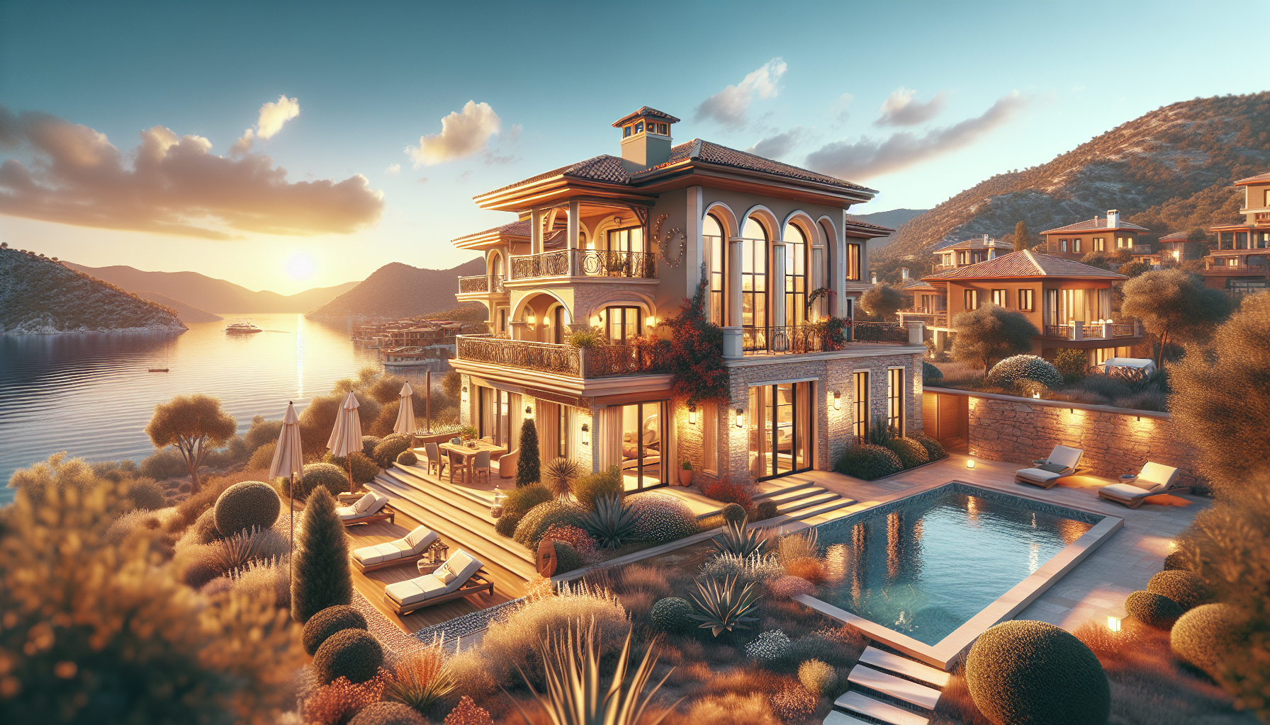 Deniz kenarında lüks villa, havuzlu ve teraslı.