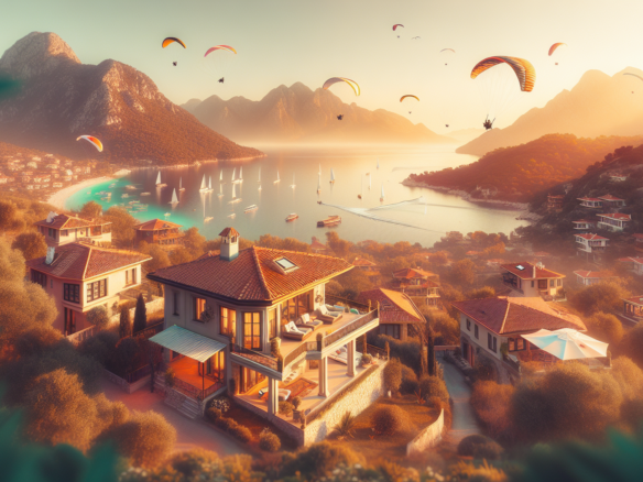 Deniz manzaralı villa, dağlar ve yamaç paraşütleri.