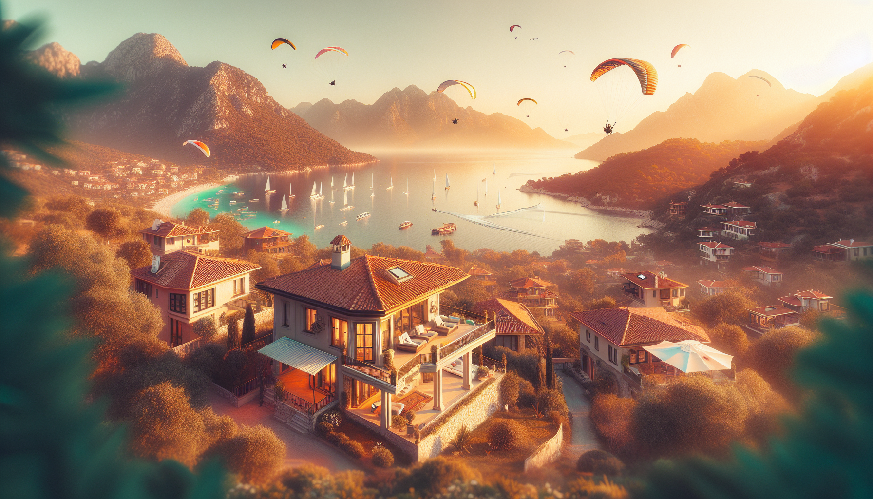 Deniz manzaralı villa, dağlar ve yamaç paraşütleri.