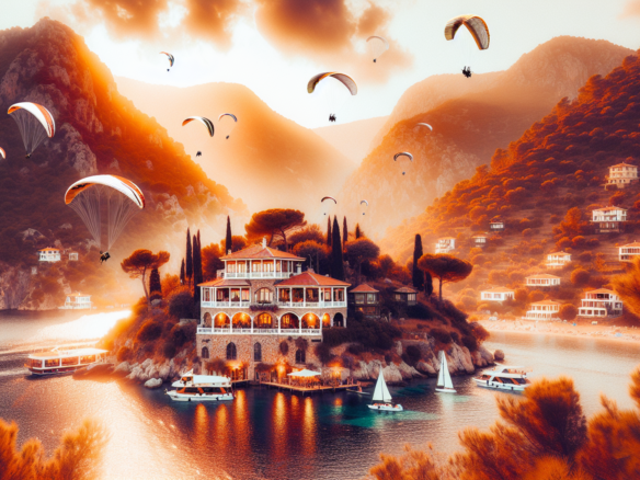 Ada üzerinde tarihi bina ve etrafında yamaç paraşütçüleri.