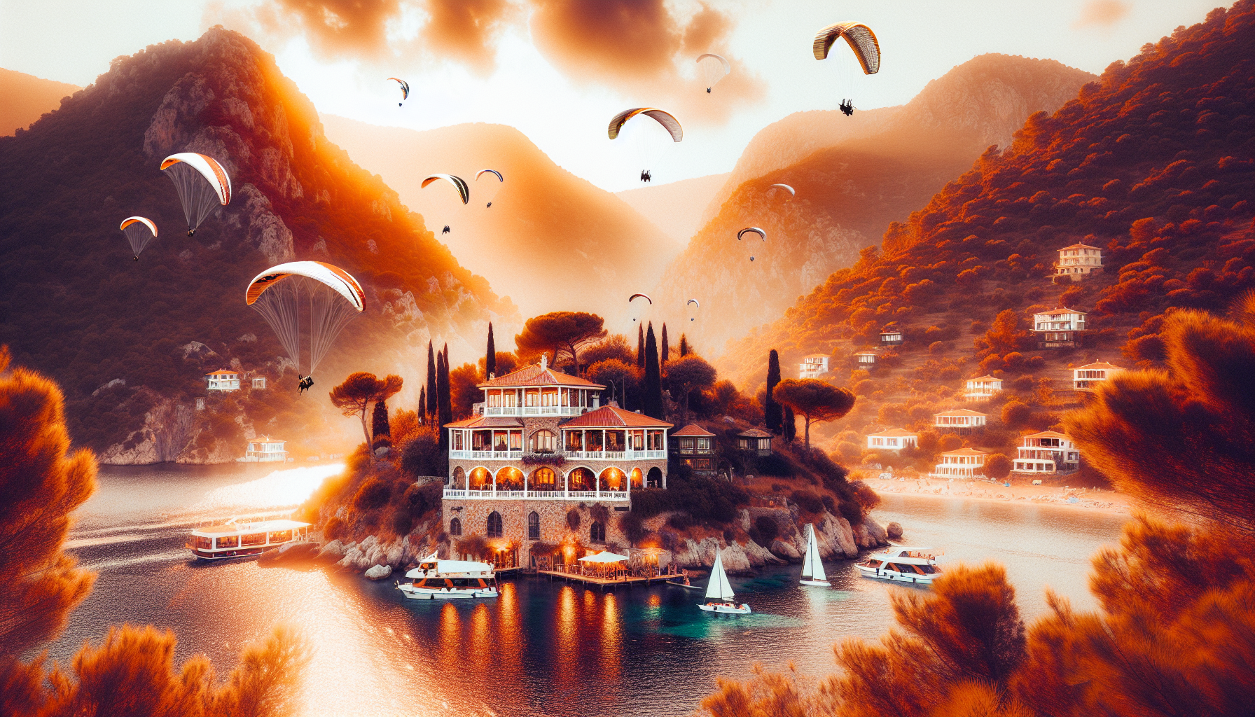 Ada üzerinde tarihi bina ve etrafında yamaç paraşütçüleri.