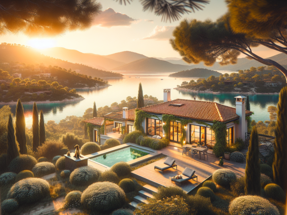 Göl manzaralı lüks villa, havuz ve geniş teras.