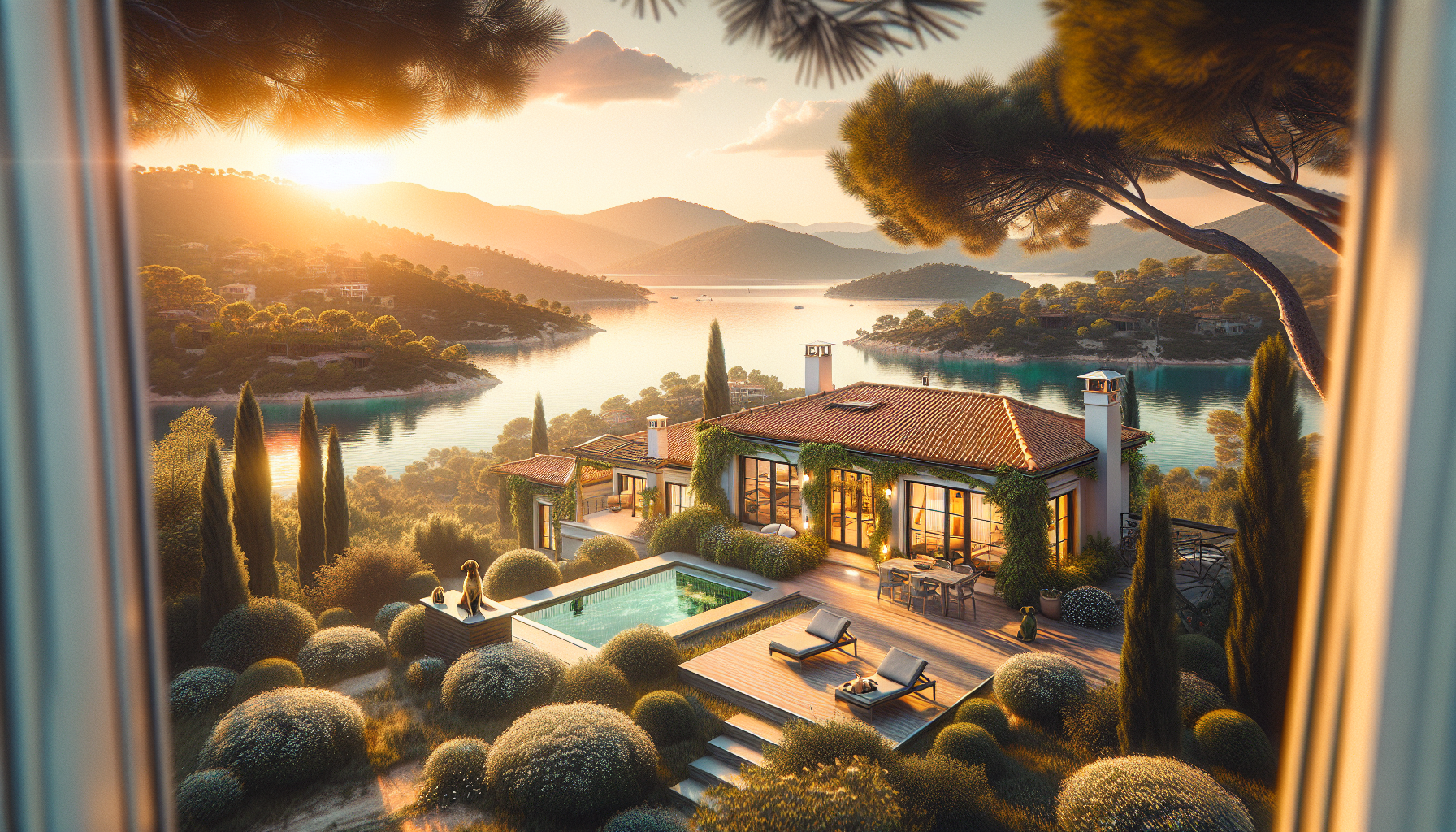 Göl manzaralı lüks villa, havuz ve geniş teras.