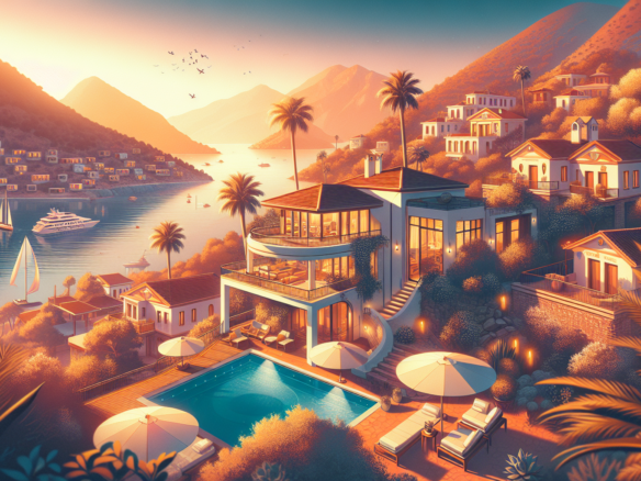 Deniz kenarında lüks villa, havuz ve teras manzarası.