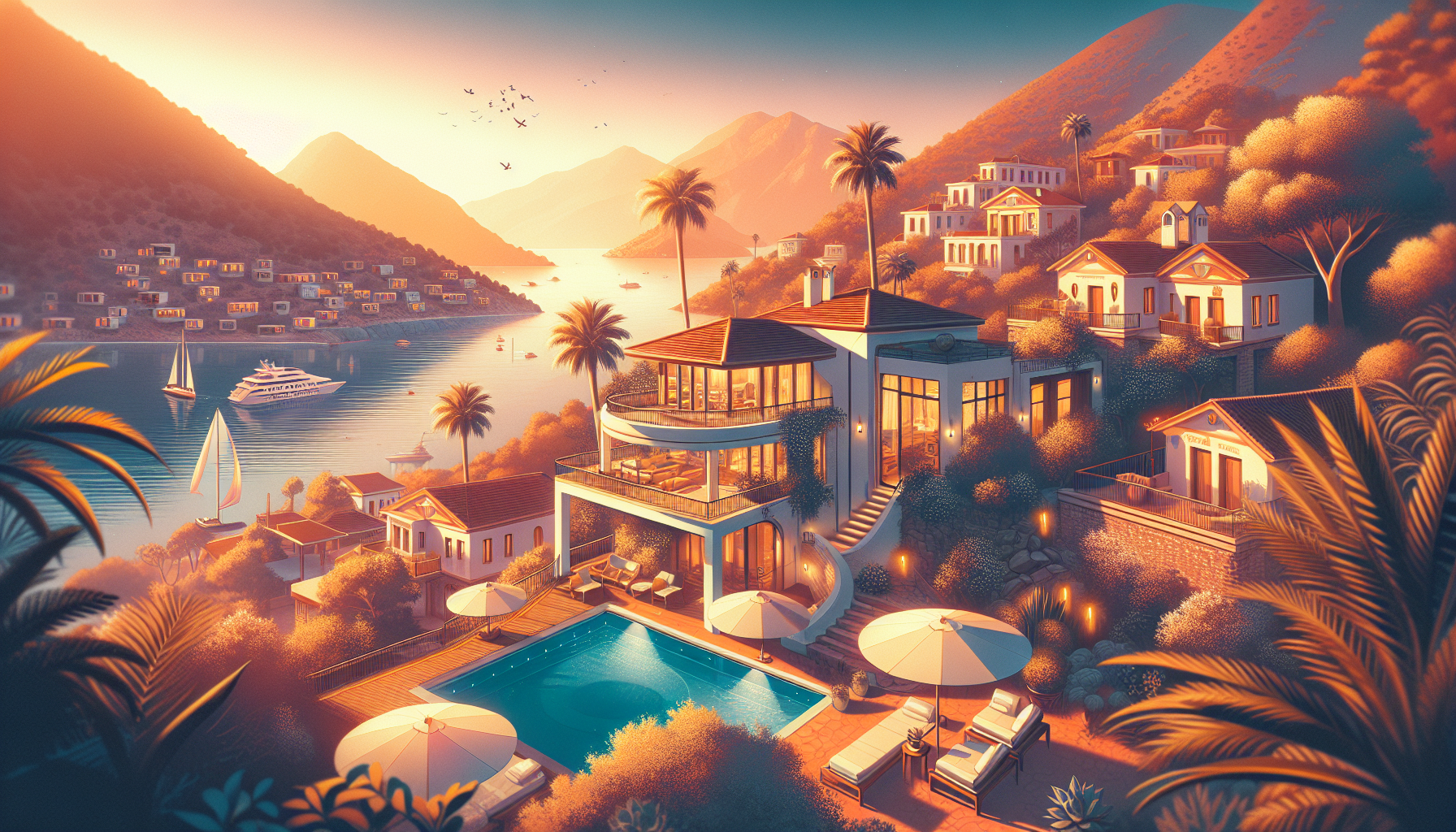 Deniz kenarında lüks villa, havuz ve teras manzarası.