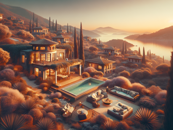 Deniz manzaralı lüks villa, geniş teras ve havuz.