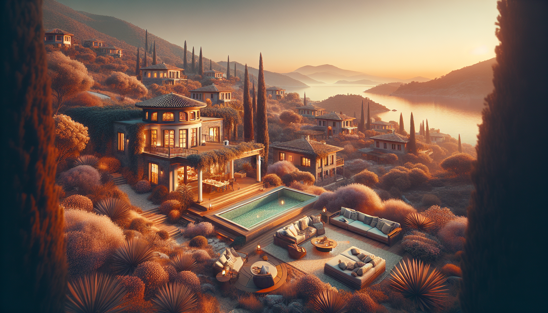 Deniz manzaralı lüks villa, geniş teras ve havuz.