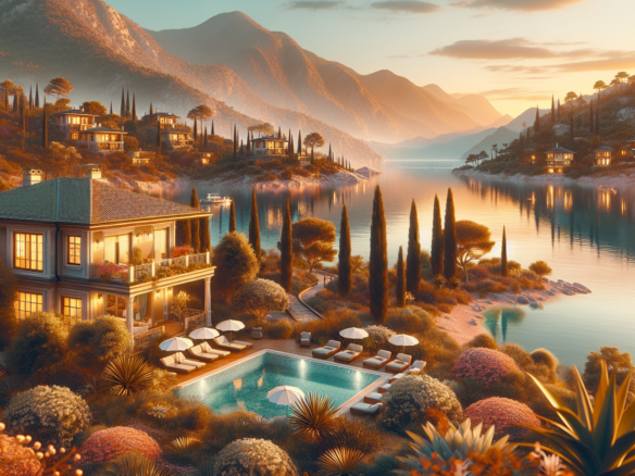 Göl kenarında lüks villa, havuz ve dağ manzarası.