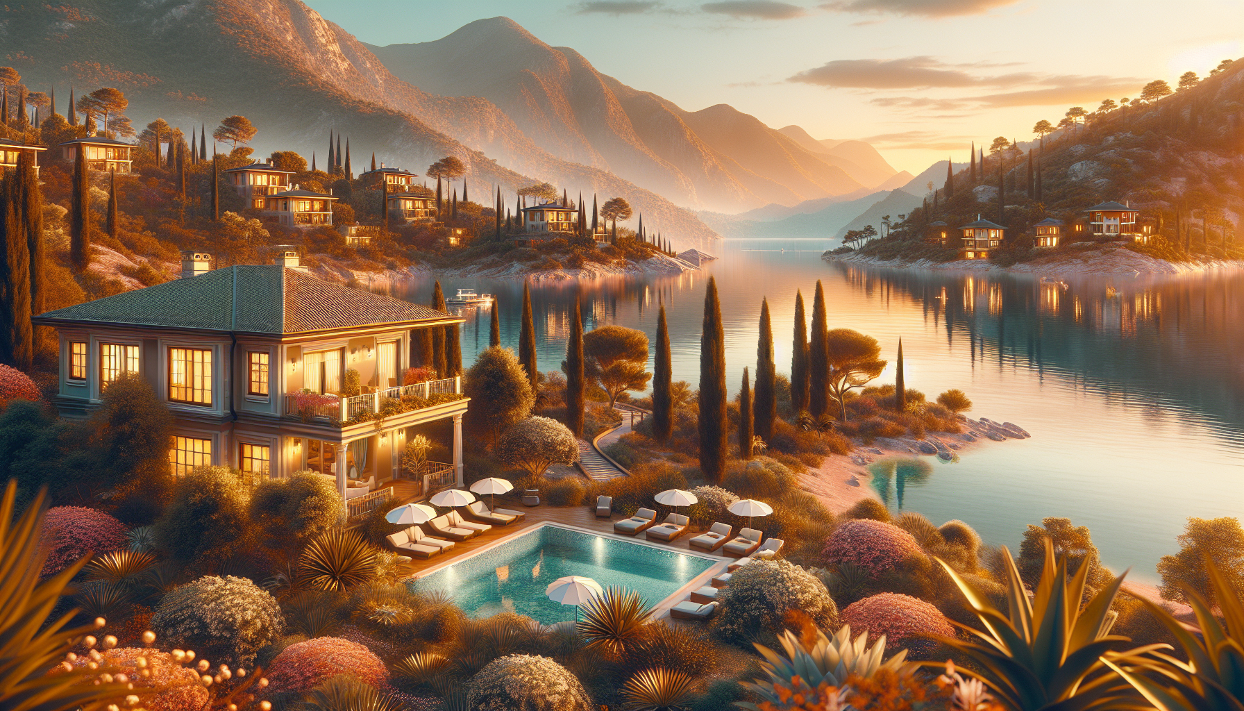 Göl kenarında lüks villa, havuz ve dağ manzarası.