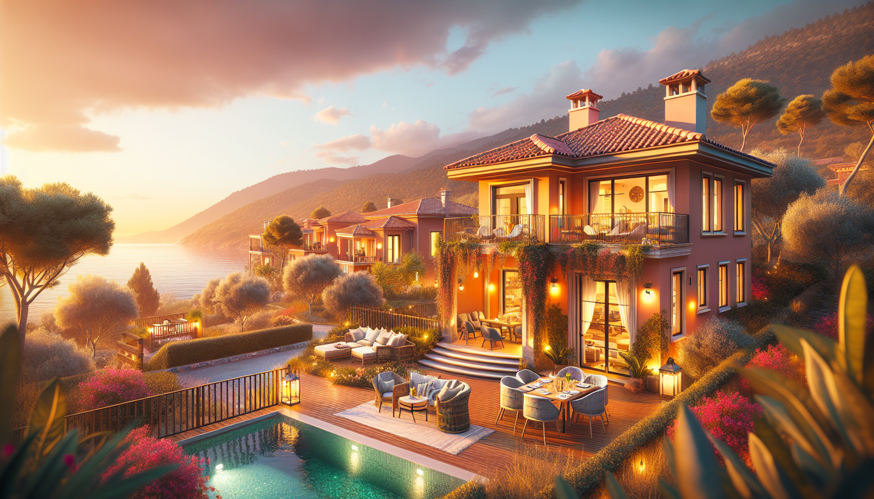 Deniz manzaralı lüks villa, geniş teras ve havuz.