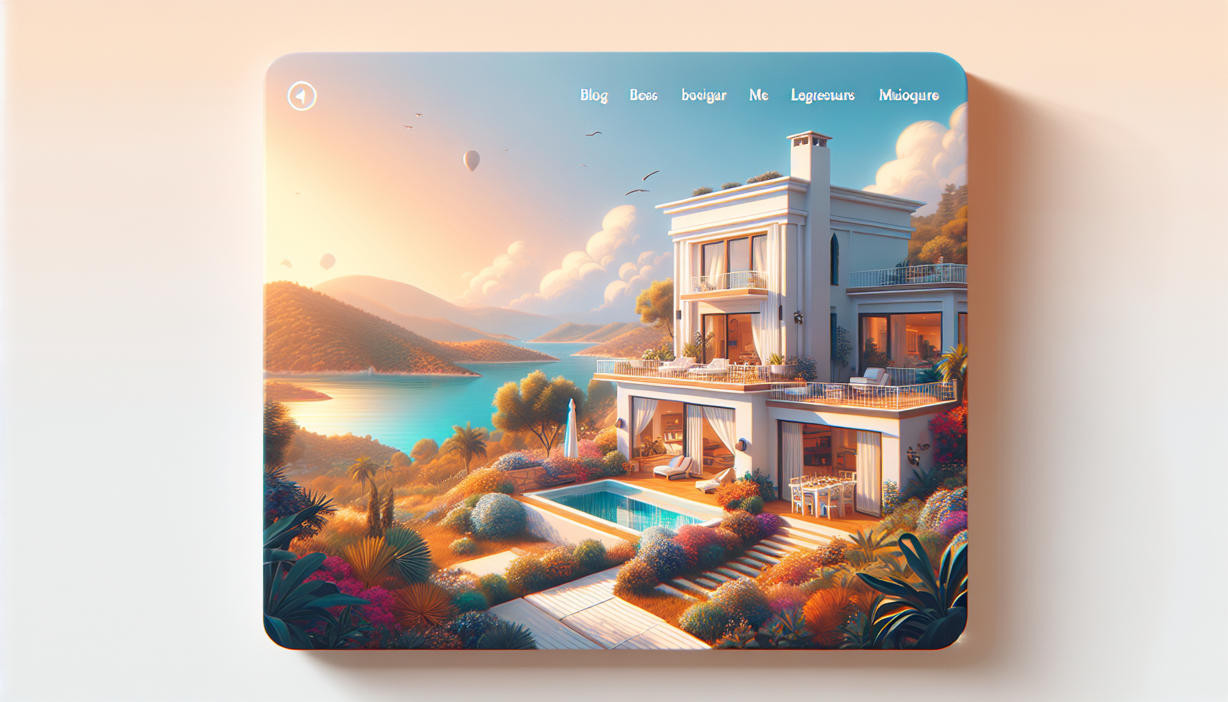 Göl manzaralı modern villa, geniş teras ve havuz.