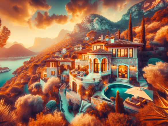 Göl manzaralı lüks villa, taş cephe ve geniş teras.